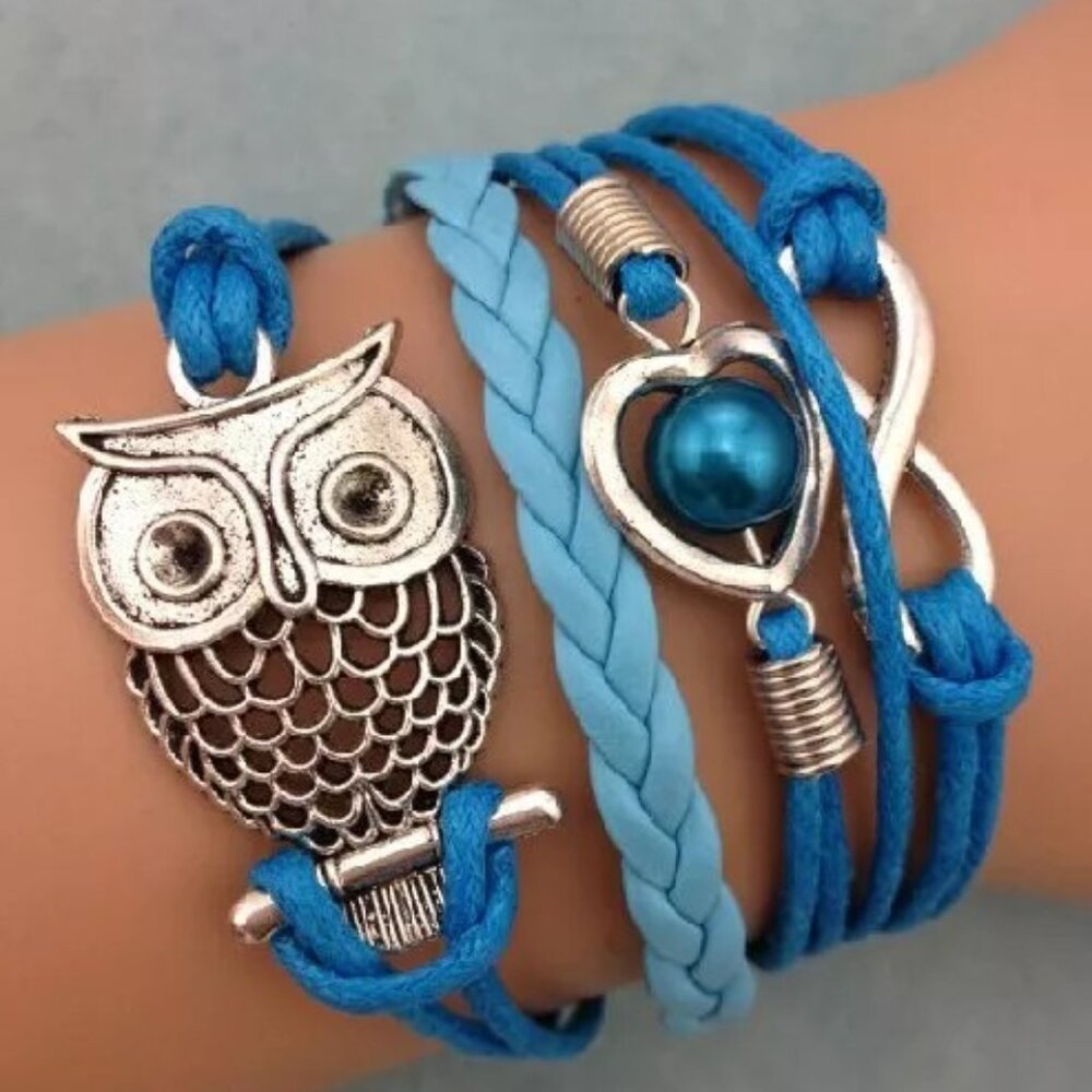 New Retro Infinity Hearts & Owls Leather Bracelet 7"